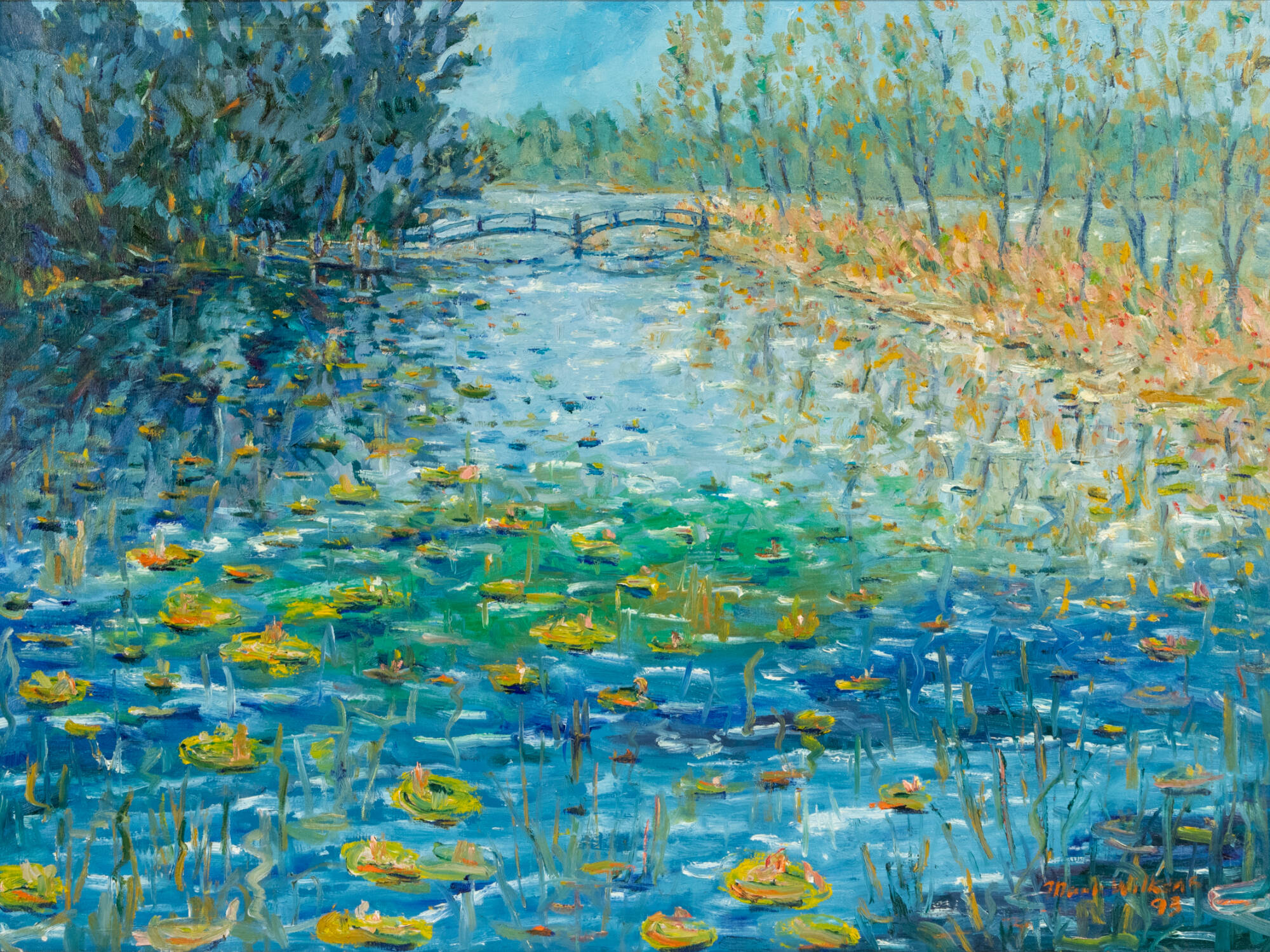 Colorful image in shades of blues and greens with a little orange of a swampy area with trees.